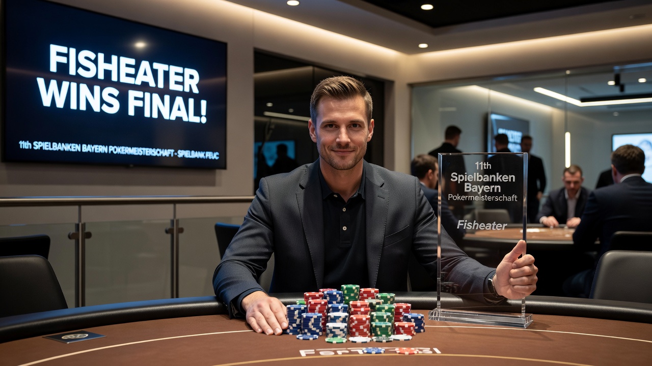 Finaltisch beim Pokerturnier mit Fokus auf die Gewinnerbekanntgabe