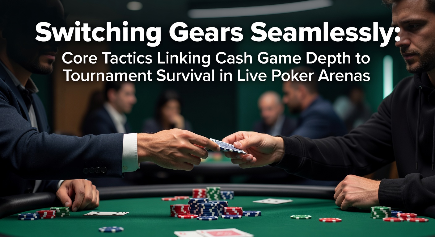 Poker-Spieler in intensiver Live-Partie, der vom Cash Game zum Turnier wechselt, mit Chips und Karten im Vordergrund