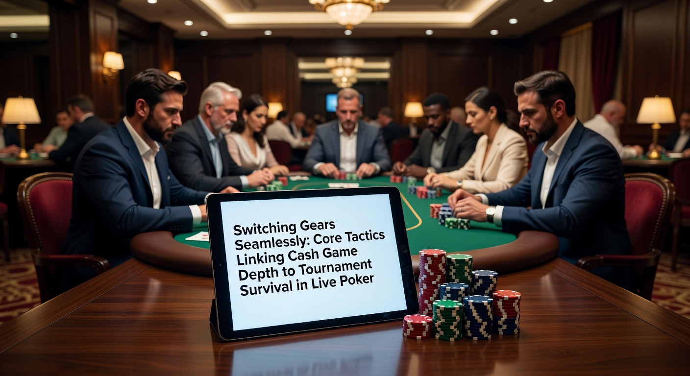 Nahaufnahme eines Turnier-Finaltischs in einer belebten Arena, mit Spielern in konzentrierter Pose und steigenden Blinds